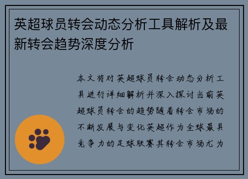 英超球员转会动态分析工具解析及最新转会趋势深度分析 英超球员转会动态分析工具解析及最新转会趋势深度分析