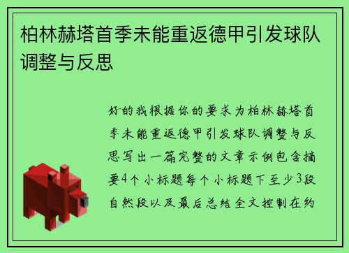柏林赫塔首季未能重返德甲引发球队调整与反思